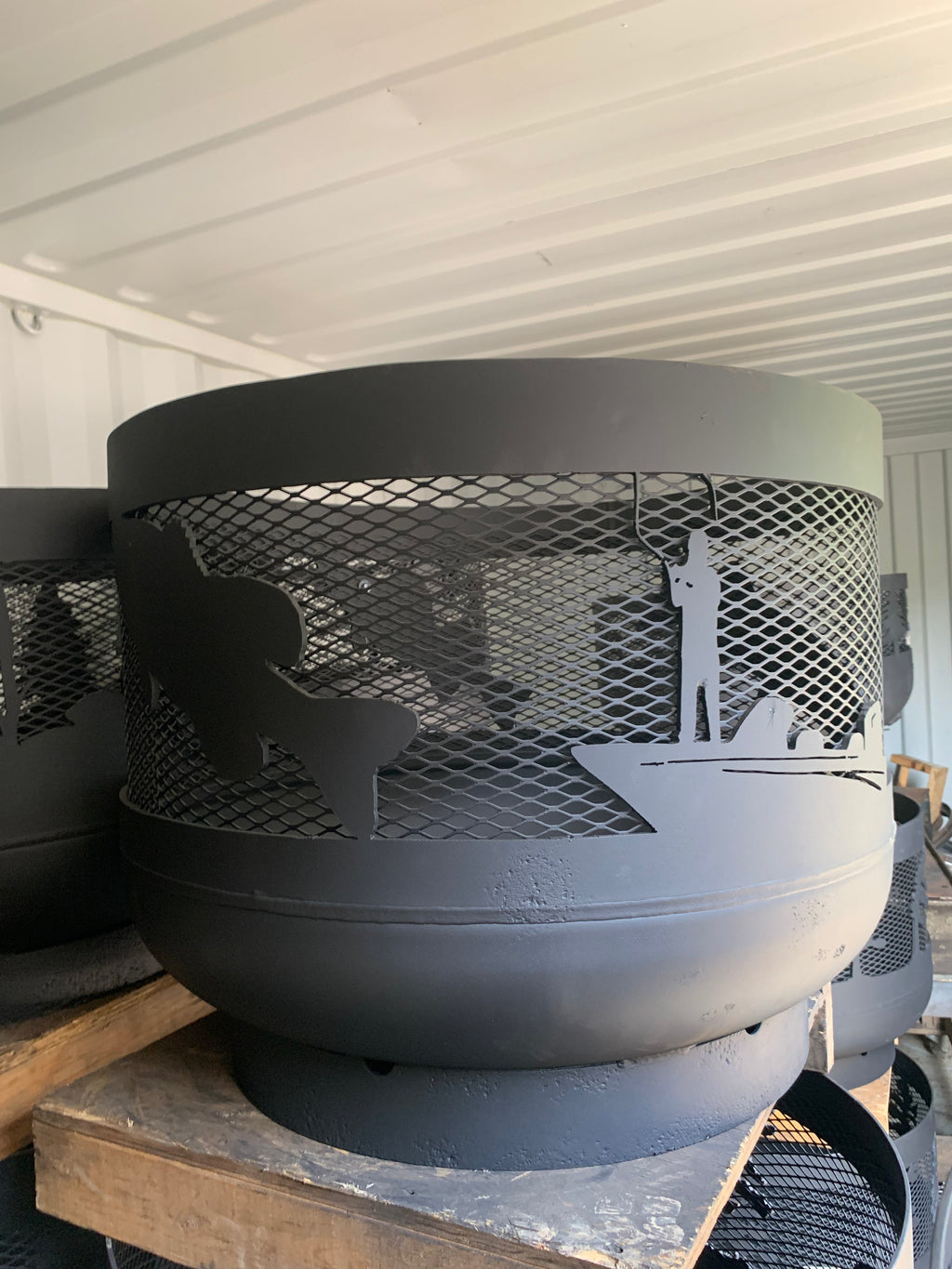 Standard Size Carved Fire Pit - Fishing