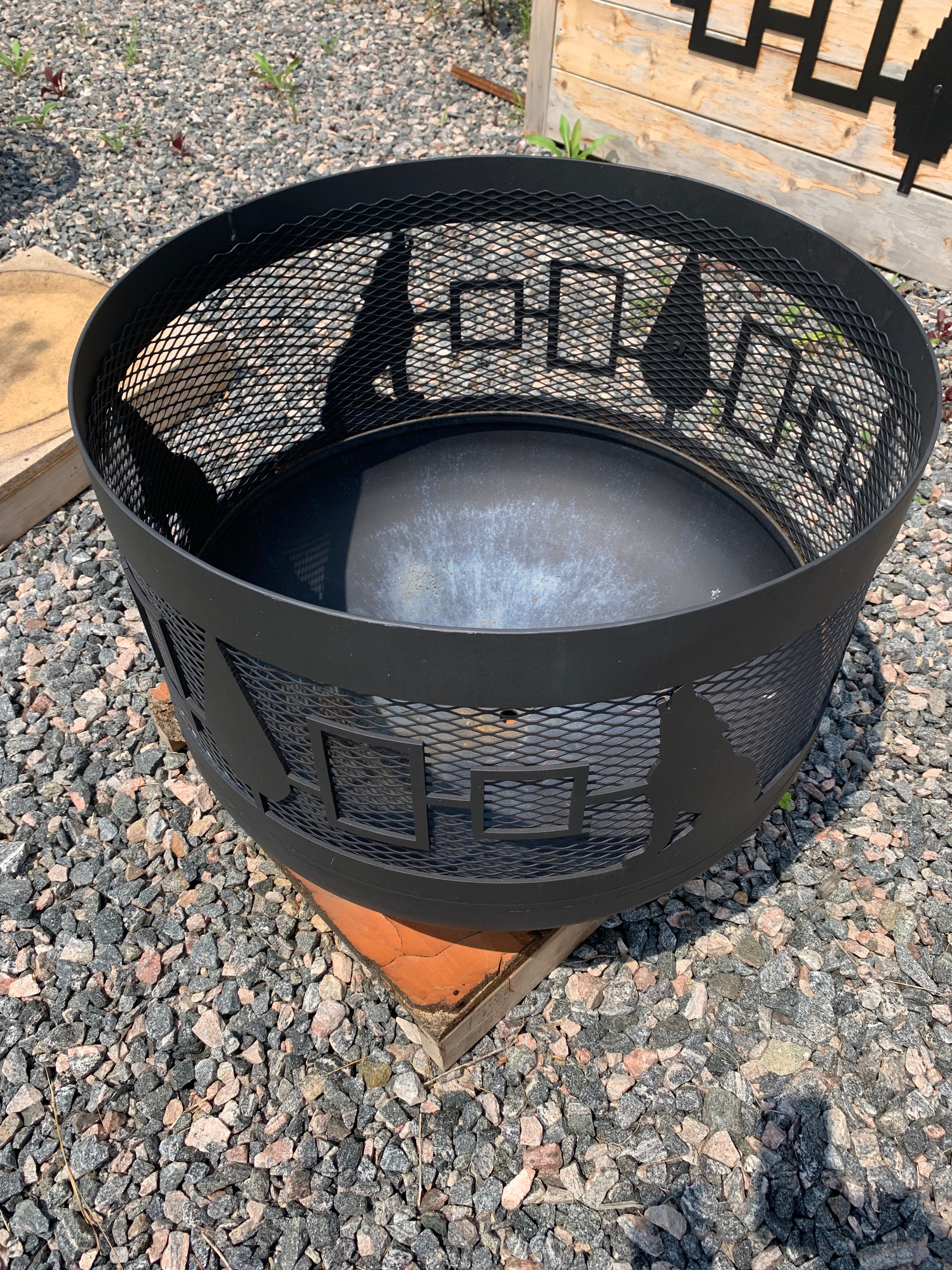 Standard Size Carved Fire Pit - Hiawatha Wolves